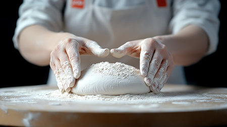 Female hands kneading dough on a wooden board with flour.の写真素材