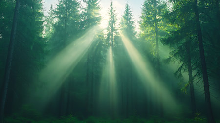 Foggy forest with sunbeams and rays of light.の写真素材