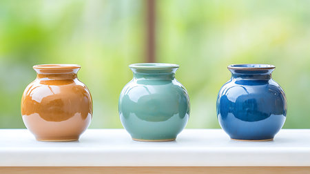 Colorful ceramic vase on wooden table with natural green background.の写真素材