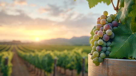 Bunch of grapes in a barrel on a vineyard at sunsetの写真素材
