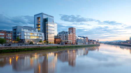 Panoramic view of Rotterdam, Netherlands at dusk.の写真素材