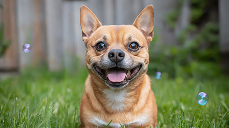 portrait of a cute purebred dog chihuahua in the gardenの写真素材