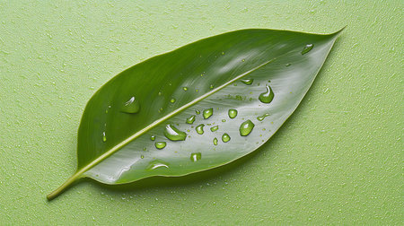 Green leaf with water drops on green background. Close up view.