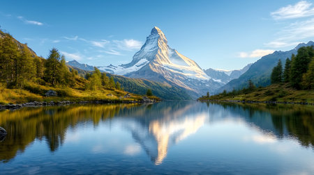 Matterhorn peak reflected in Zermatt lake, Switzerland.の写真素材