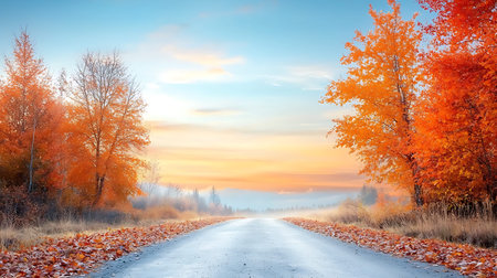 Autumn landscape. Road in the forest at sunrise or sunset.
