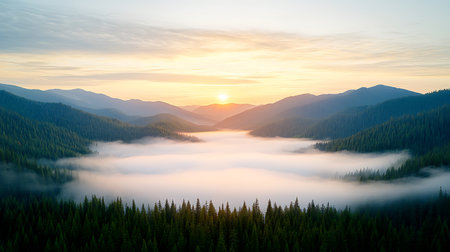 Sunrise in the mountains with fog in the valley. Carpathians, Ukraineの写真素材