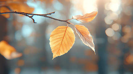 Autumn leaf on a branch in the forest. Nature background.の写真素材