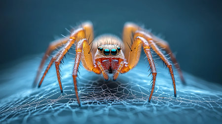3d rendering of a jumping spider with blue eyes on a web