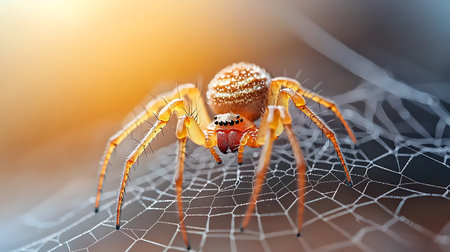 Spider on the web in the morning light. Close-up.の写真素材