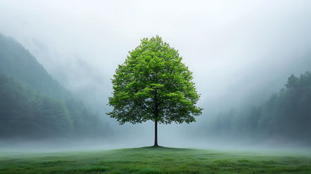 Lonely tree on meadow in foggy morning. 3D renderingの写真素材