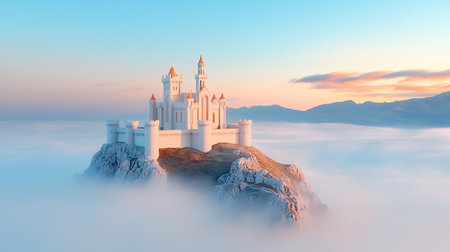 Fantasy castle on the top of the mountain. 3D illustrationの写真素材