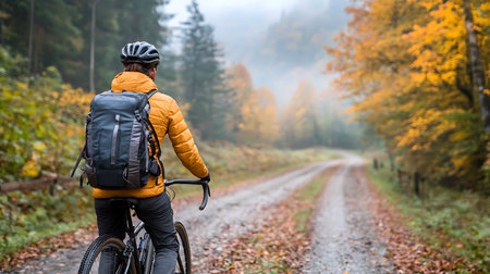 Rear view of a cyclist riding a bicycle in the autumn forestの写真素材