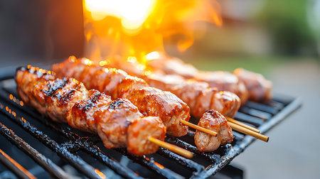 Grilling sausages on barbecue grill outdoors, closeup viewの写真素材