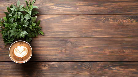 Coffee cup with latte art on wooden table. Top view with copy spaceの写真素材