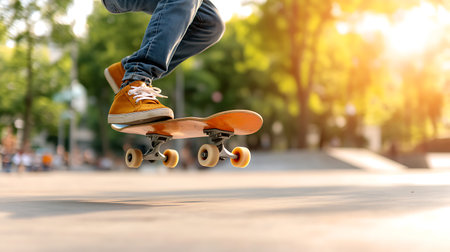 Skateboarder riding skateboard at skatepark, closeupの写真素材