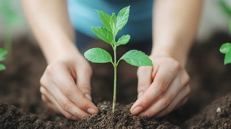 Close up of woman hands holding green plant in soil. Earth day concept