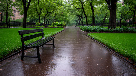 Park Bench in Rainy Day, New York City, USA.の写真素材