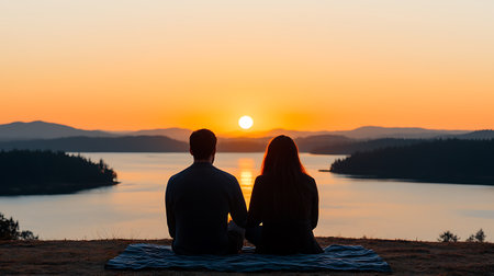 Silhouette of a young couple sitting on the bank of a lake at sunsetの写真素材