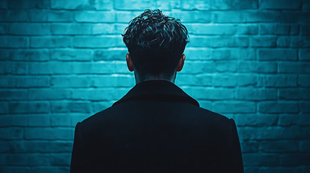 Silhouette of a businessman in front of a brick wall.の写真素材