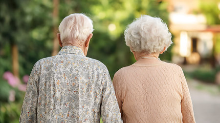 Elderly couple walking in park on summer day, back view