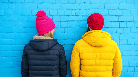 couple in winter clothes standing back to back against blue brick wallの写真素材