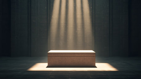 Spotlight illuminating a wooden podium in a dark room. 3D Renderingの写真素材