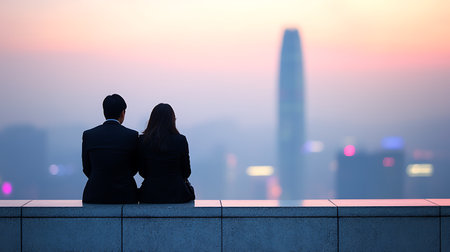 Businessman and businesswoman sitting on the rooftop with cityscape at duskの写真素材
