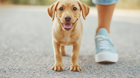 Little cute labrador retriever puppy in blue sneakers on the roadの写真素材