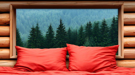Red pillows on a wooden bed in the forest. 3d renderingの写真素材