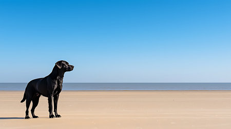 Black dog standing on the beach and looking at the sea with blue skyの写真素材