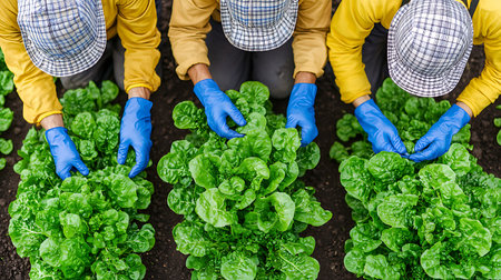 Top view of a group of three farmers standing in a row and examining young green lettuce in a greenhouseの写真素材