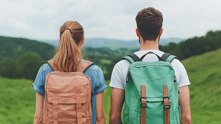 Back view of young couple with backpacks hiking in mountains. Back view of man and woman with...
