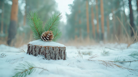 Pine cone on a stump in the winter forest. Christmas backgroundの写真素材