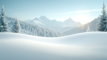 Winter landscape with snowdrifts and mountains in the background. 3d renderingの写真素材