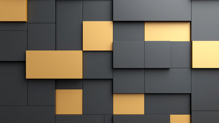 Abstract 3d rendering of black and yellow cubes background. Reflective surface pattern.