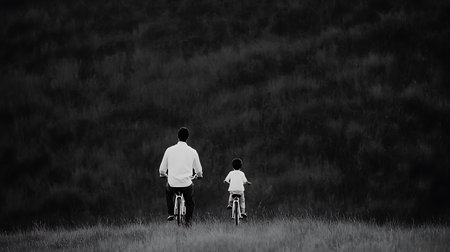 Rear view of father and son riding bicycles in countryside. Mixed mediaの写真素材