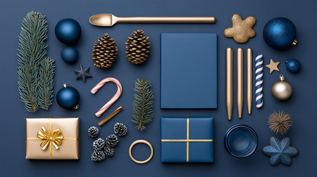 Christmas composition. Christmas decorations, gift boxes on blue background. Flat lay, top view, copy spaceの写真素材