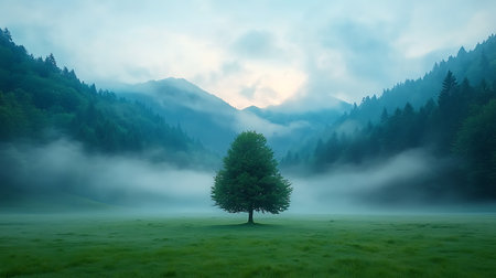 Foggy morning in the mountains. Landscape with a lonely treeの写真素材