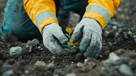 Close-up of male hands in protective gloves planting a small treeの写真素材