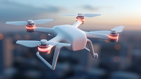 Drone with camera flying over the city at sunset. 3D renderingの写真素材
