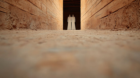 Silhouette of a bride and groom in an old tunnel.