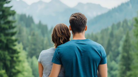 Back view of young couple standing in the mountains and looking at the valley
