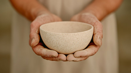 Hands of a woman holding a ceramic bowl in her hands.の写真素材