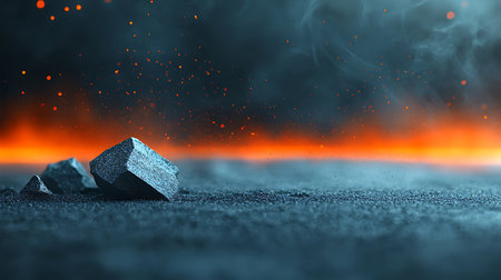 3d illustration of a stone on a dark background with fire and smokeの写真素材