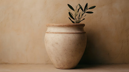 Decorative ceramic vase with plant on a shelf against a beige wallの写真素材