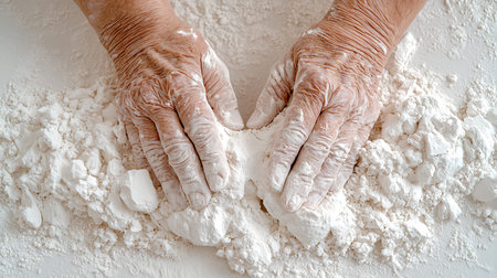 Hands of an old woman kneading the dough on a white background