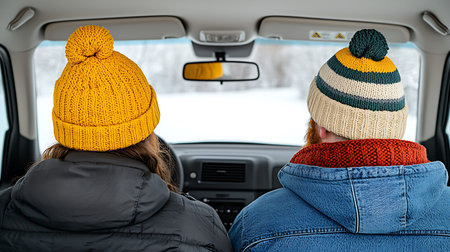 back view of couple in winter hats sitting in backseat of car
