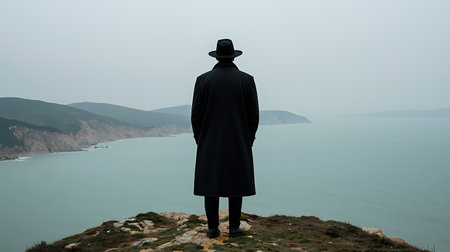 Silhouette of a man in a black coat and a hat standing on the edge of a cliff overlooking the seaの写真素材