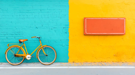 Bicycle on the colorful wall with blank signboard, vintage styleの写真素材