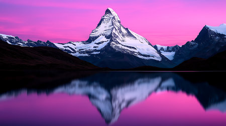 Matterhorn mountain reflected in lake at sunriseの写真素材